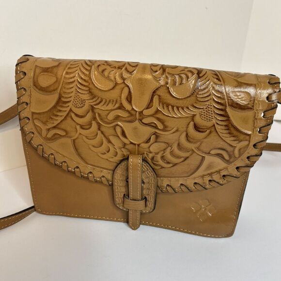 PATRICIA NASH Lanza Tooled Burnished Tan Leather Crossbody Bag Organizer Purse - Picture 3 of 10